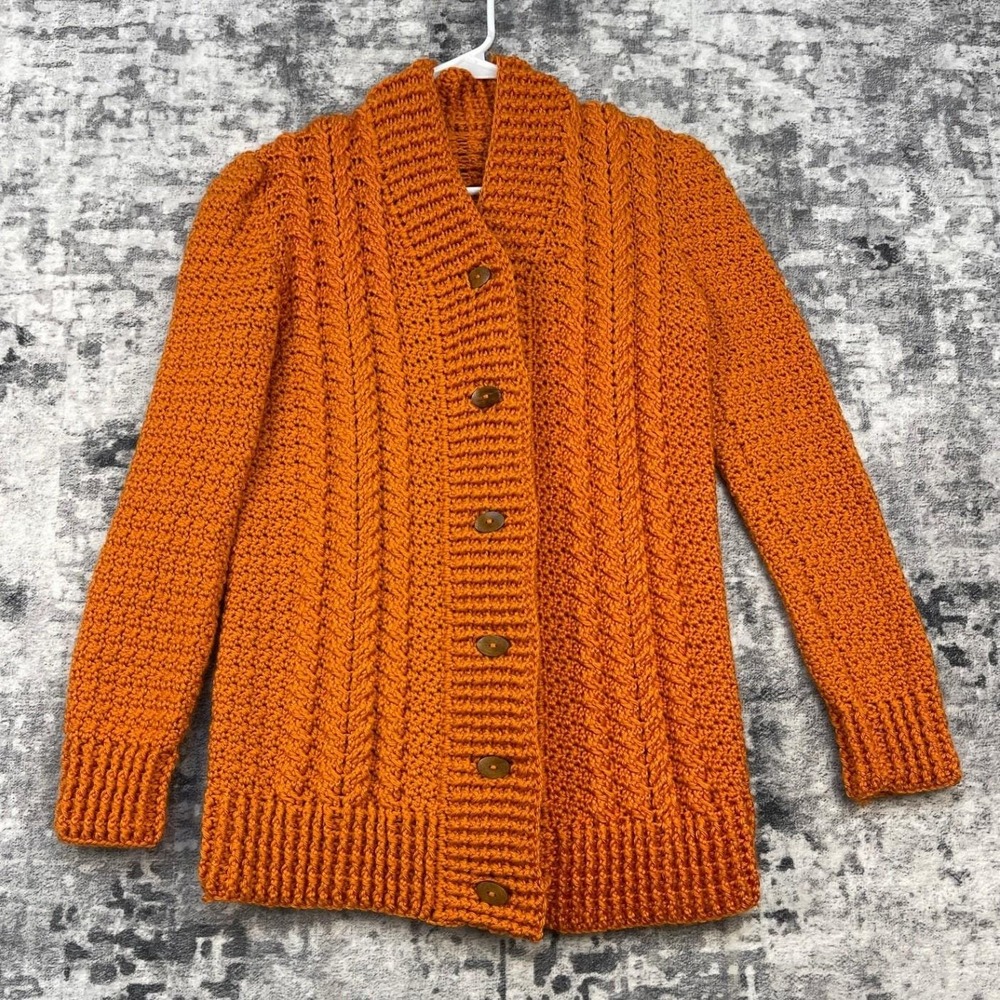 Vtg Hand Knit Women's S/M Cardigan 80s Orange Rust Wool Cable‎ Shawl Grandmacore